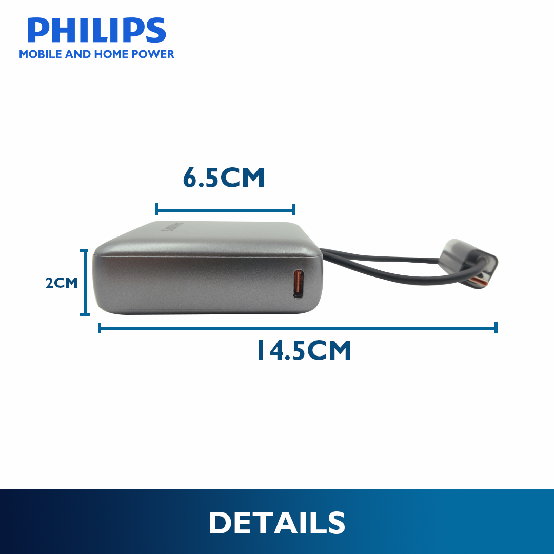 Philips 22.5W 10000mAh Fast Charging Power Bank with Built-In USB-C and Lightning Cable