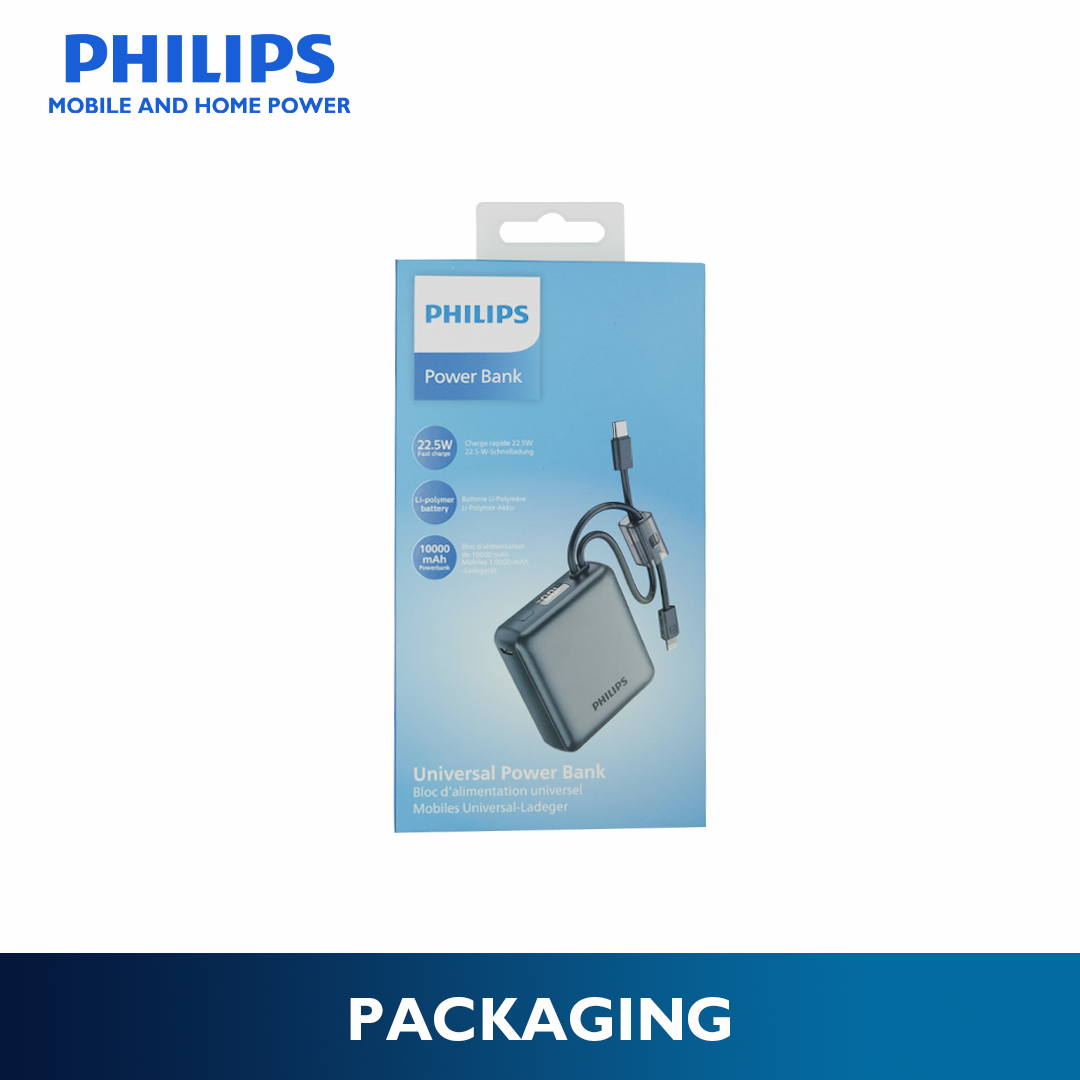 Philips 22.5W 10000mAh Fast Charging Power Bank with Built-In USB-C and Lightning Cable