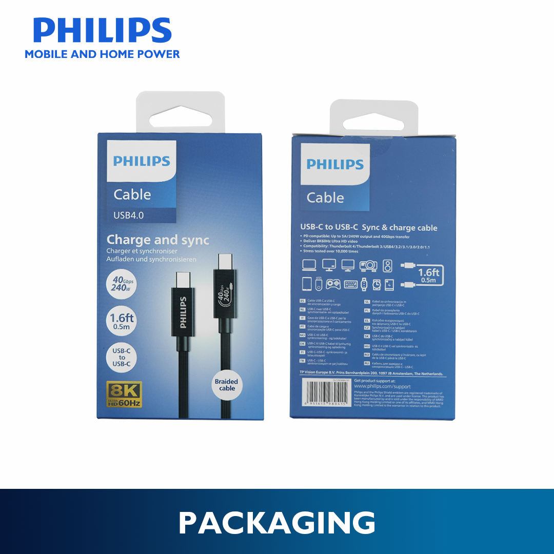 Philips 240W 0.5m USB-C to USB-C Cable Fast Charging, 40Gbps USB4 Data Transfer, Braided Thunderbolt 4 Compatible