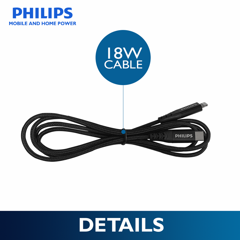 Philips Black 1.2m 18W USB C Type-C to Lightning Braided Cable MFi Certified iPhone Charging Cable