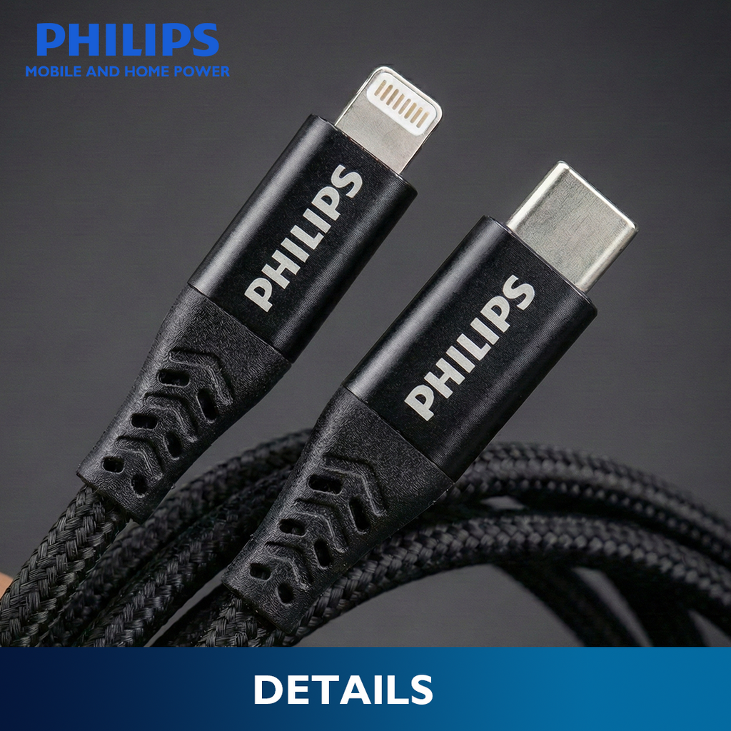 Philips Black 1.2m 18W USB C Type-C to Lightning Braided Cable MFi Certified iPhone Charging Cable