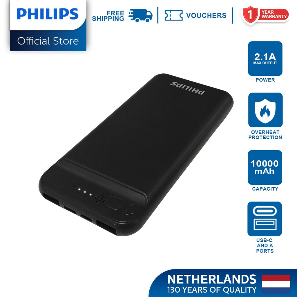 PHILIPS 10000mAh 2.1A Fast Charge Powerbank Dual USB Output USB-C & Micro USB Input Li-Polymer Battery