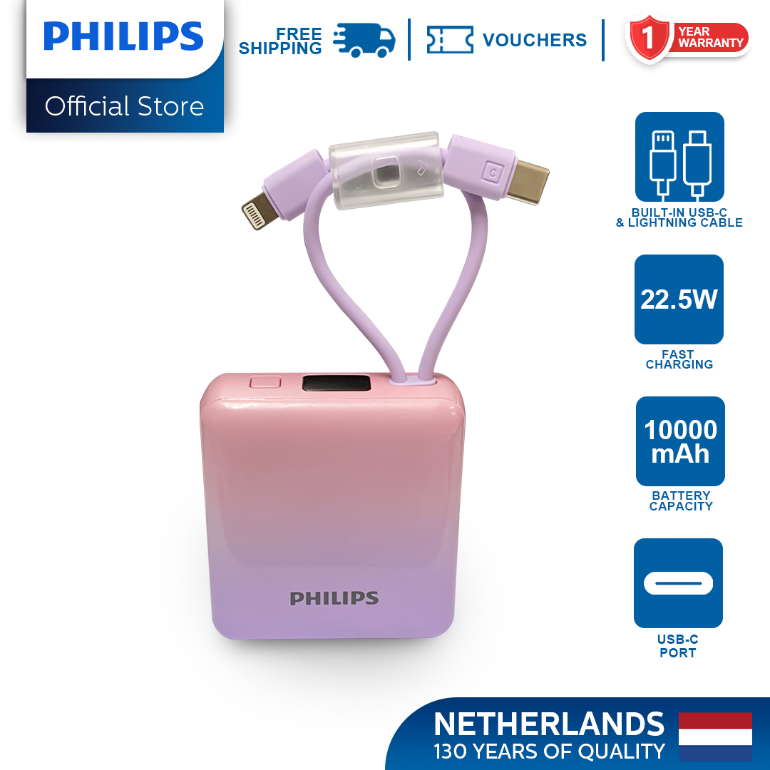 Philips 22.5W 10000mAh Two-Tone Fast Charging Power Bank with Built-In USB-C and Lightning Cable