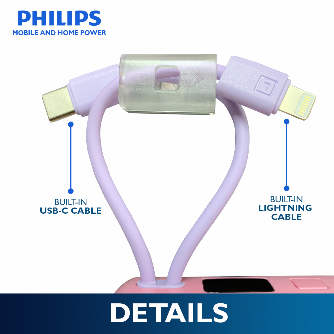 Philips 22.5W 10000mAh Two-Tone Fast Charging Power Bank with Built-In USB-C and Lightning Cable