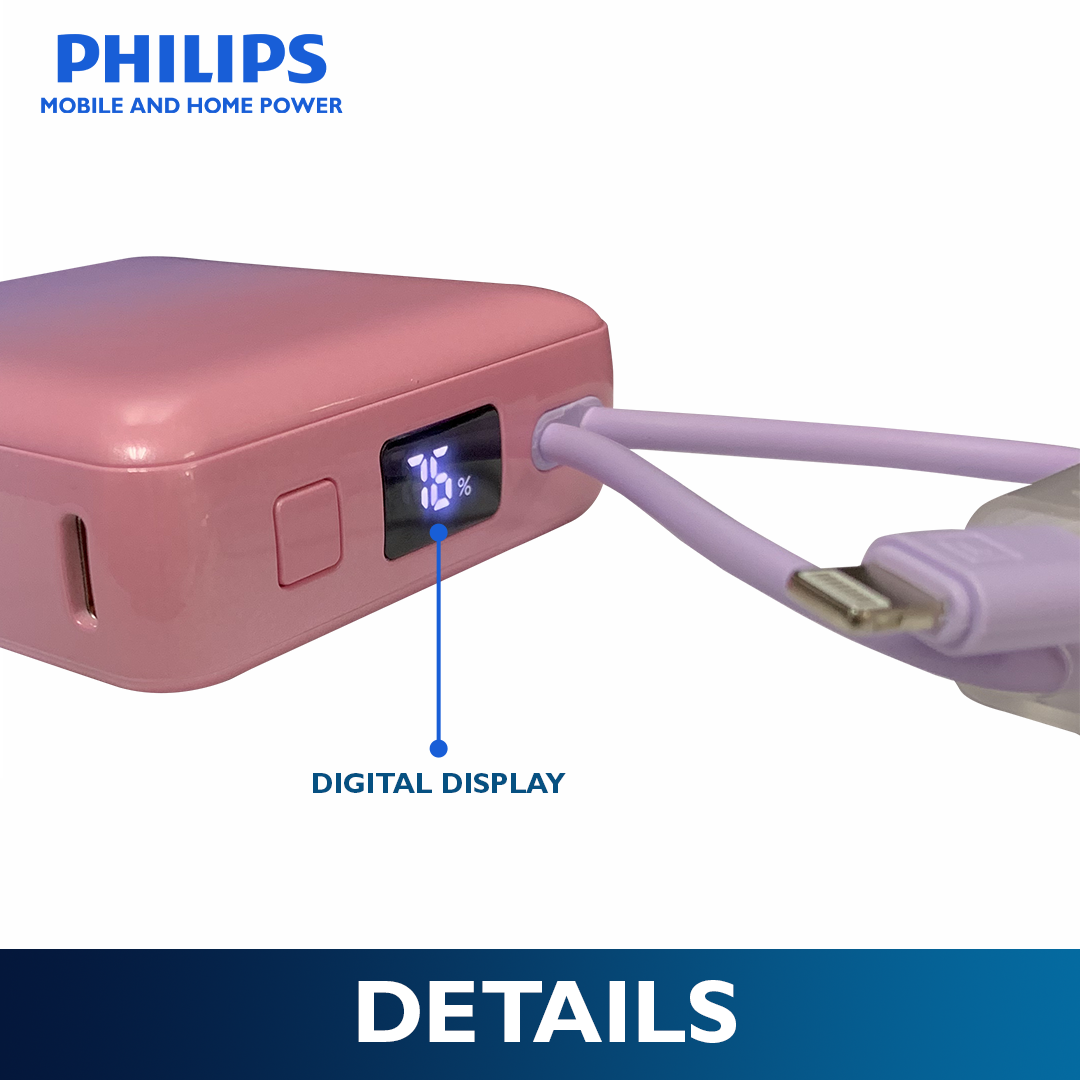 Philips 22.5W 10000mAh Two-Tone Fast Charging Power Bank with Built-In USB-C and Lightning Cable