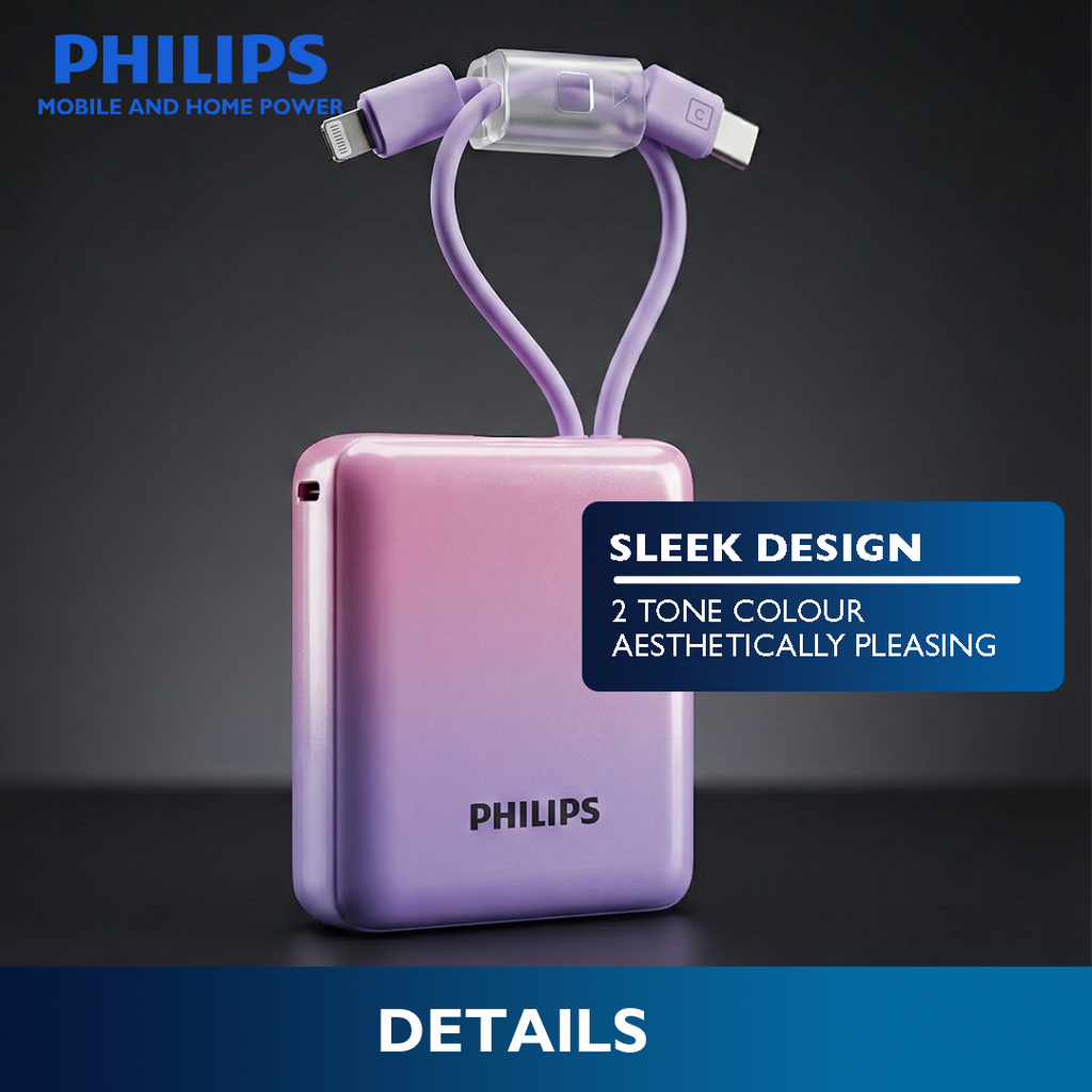 Philips 22.5W 10000mAh Two-Tone Fast Charging Power Bank with Built-In USB-C and Lightning Cable