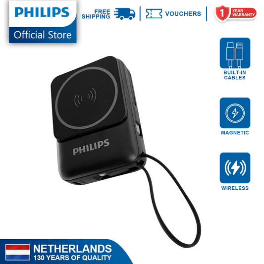Philips 10,000mAh Magnetic Wireless Power Bank 22.5W with Built-in USB-C & Lightning Cables - Darkslate