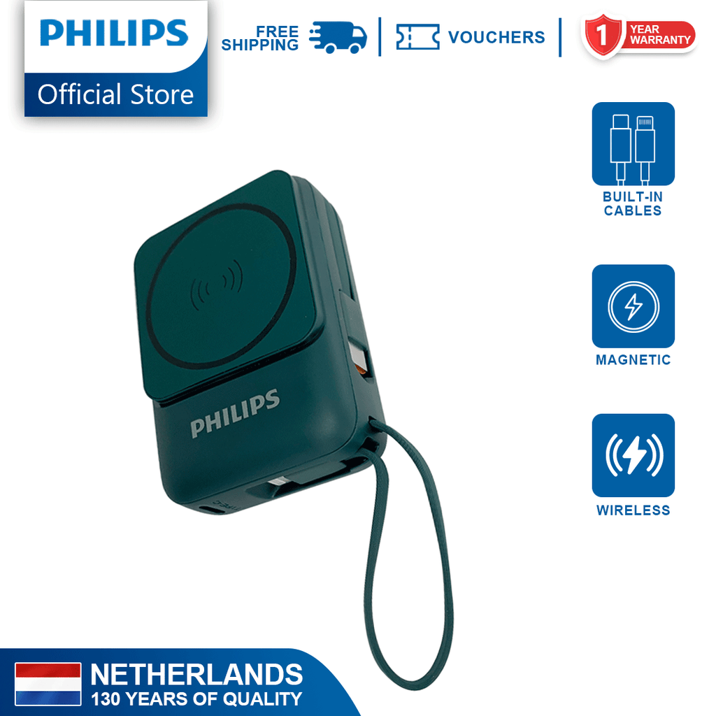Philips 10,000mAh Magnetic Wireless Power Bank 22.5W with Built-in USB-C & Lightning Cables - Crystal Teal