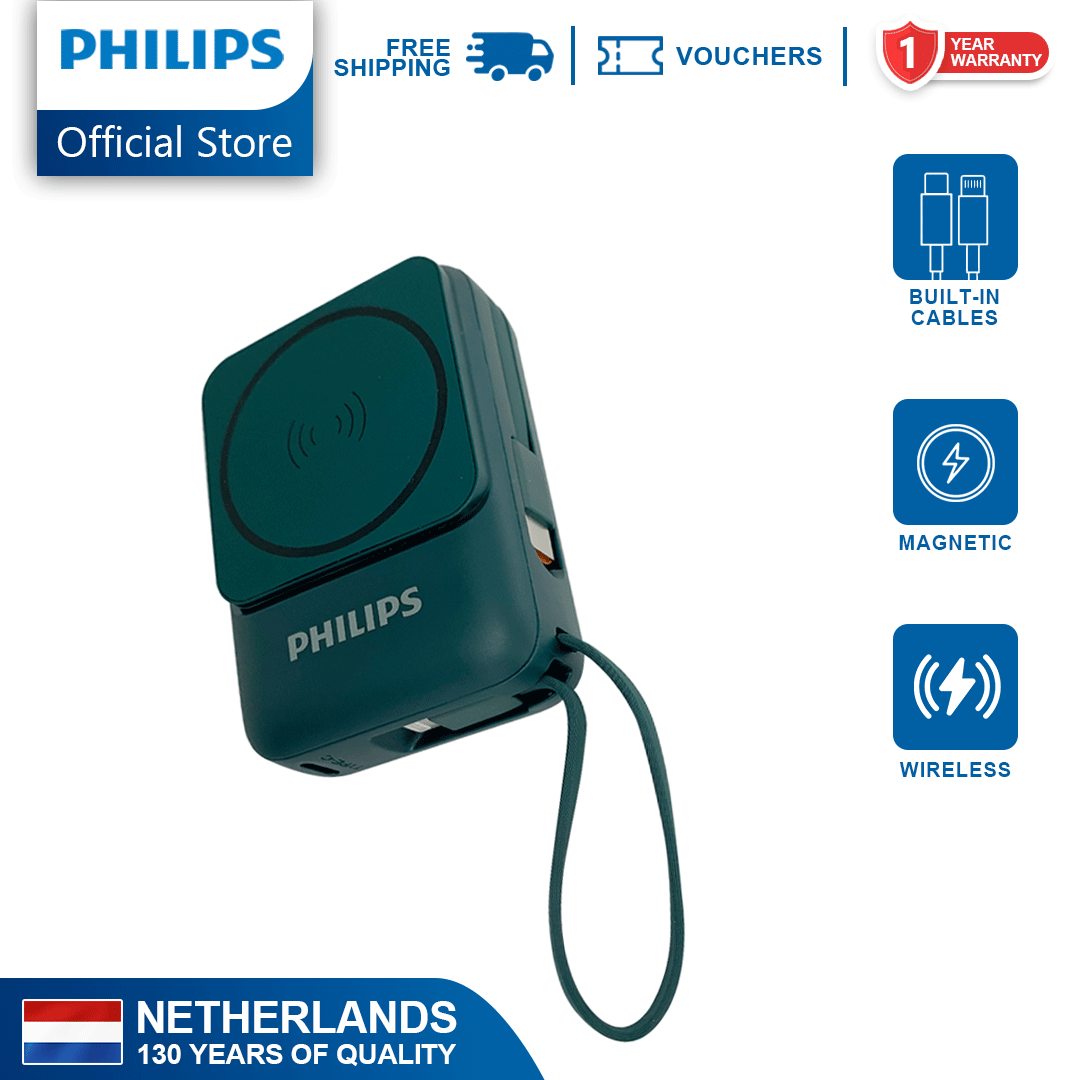 Philips 10,000mAh Magnetic Wireless Power Bank 22.5W with Built-in USB-C & Lightning Cables - Crystal Teal