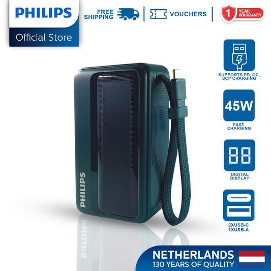 Philips Teal 20000mAh Power Bank 45W Fast Charging PD QC3.0 Fast Charging Built-in USB-C