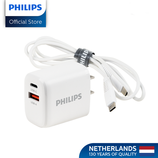 Philips 20Watts Fast Wall Charger with USB-C and USB-A Port Wall Charger with Free Cable