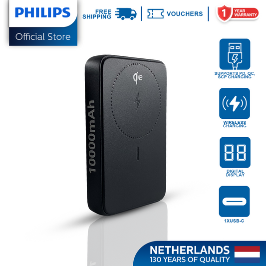 Philips Black 10000mAh 15W Magnetic Wireless Powerbank Qi2 USB-C to C Fast Charging Portable Wireless Charger