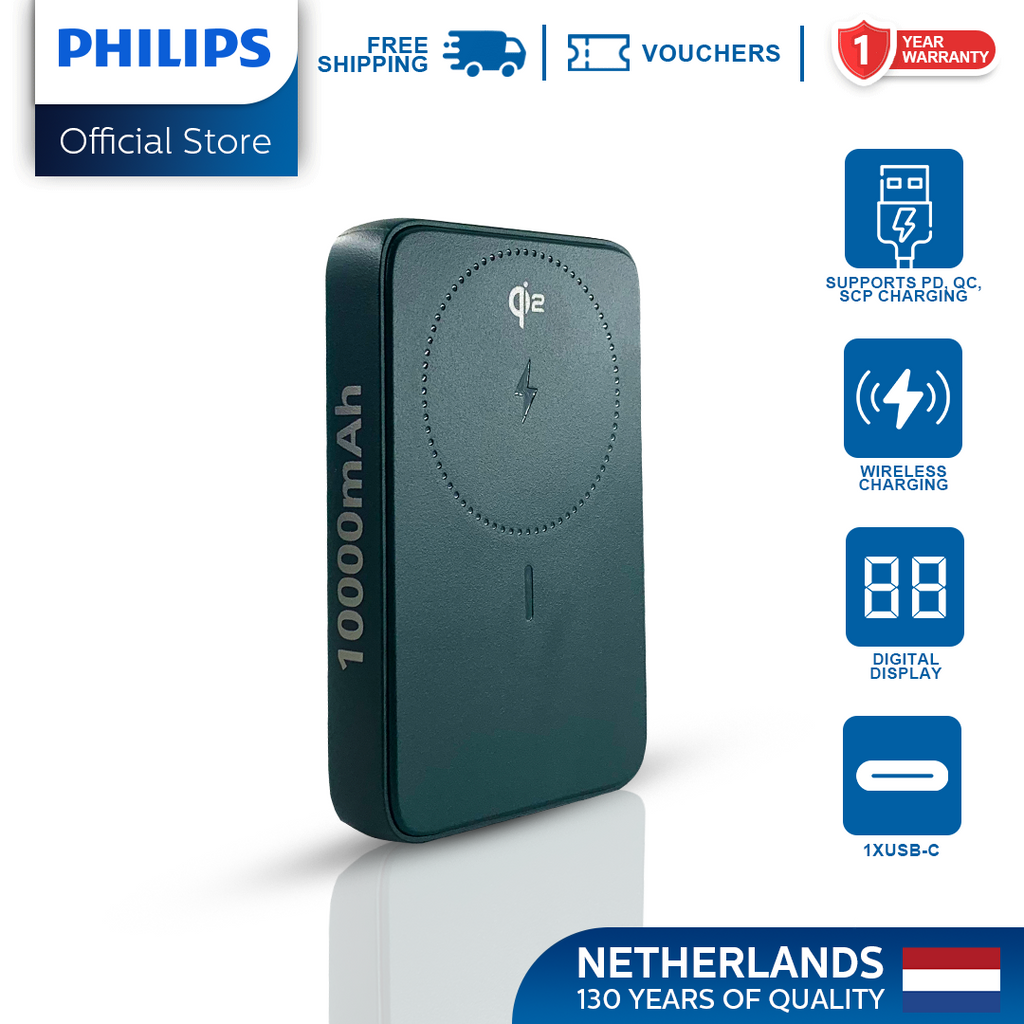 Philips Green 10000mAh 15W Magnetic Wireless Powerbank Qi2 USB-C to C Fast Charging Portable Wireless Charger