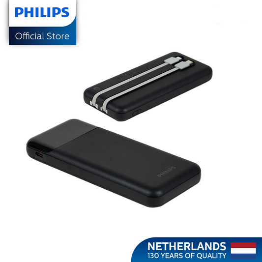 Philips Black Powerbank 10000mAh 22.5W Fast Charging Built-In USB-C and Lightning Cable