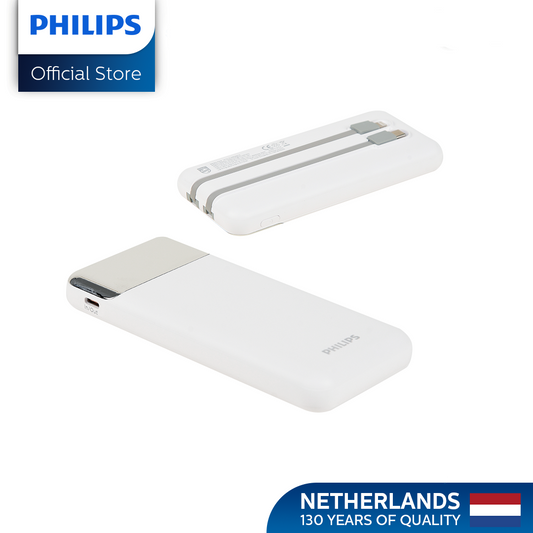 Philips White Powerbank 10000mAh 22.5W Fast Charging Built-In USB-C and Lightning Cable