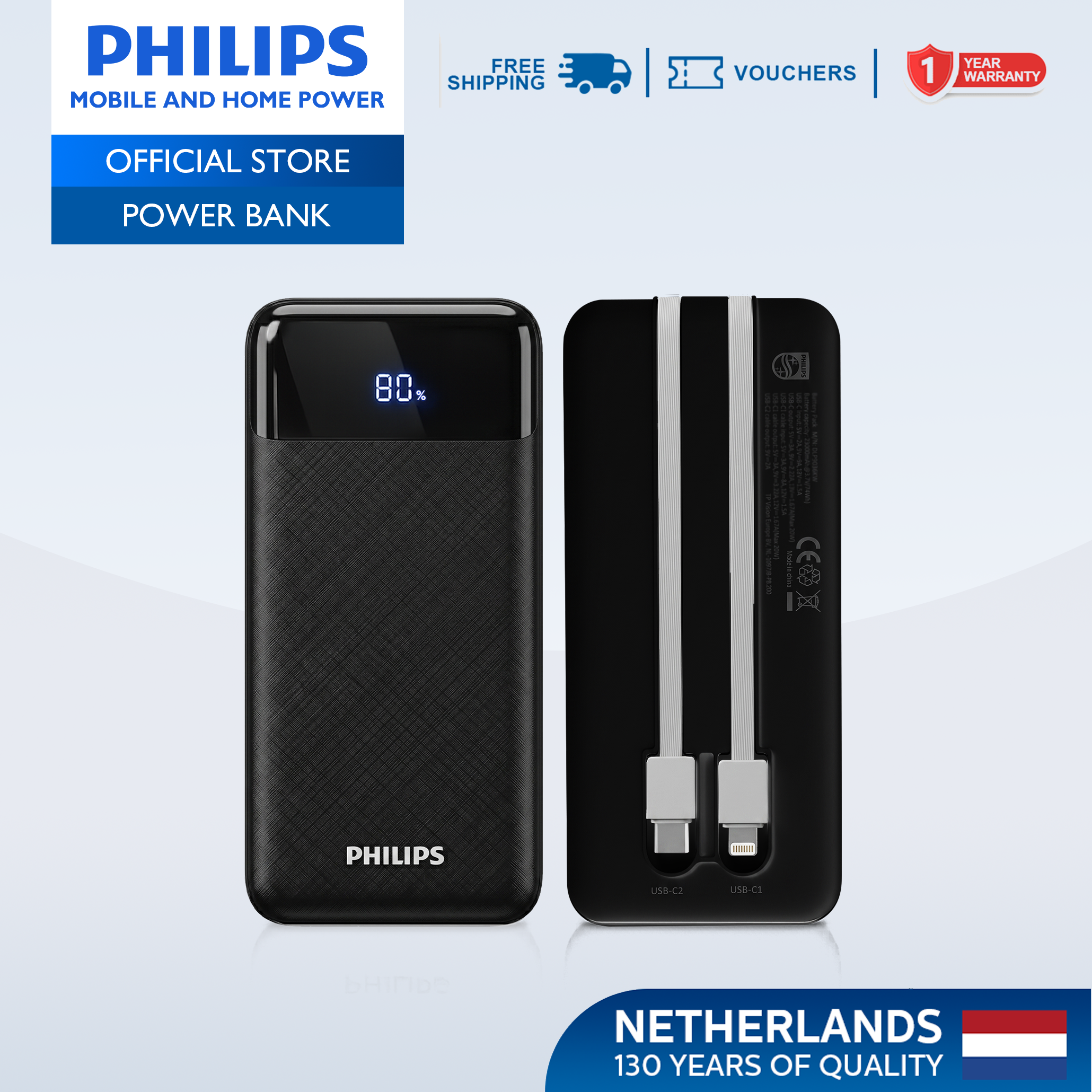 Philips Black Powerbank 20000mAh 20W Fast Charging Built-In USB-C and Lightning Cable With LED Indicator With Digital Display