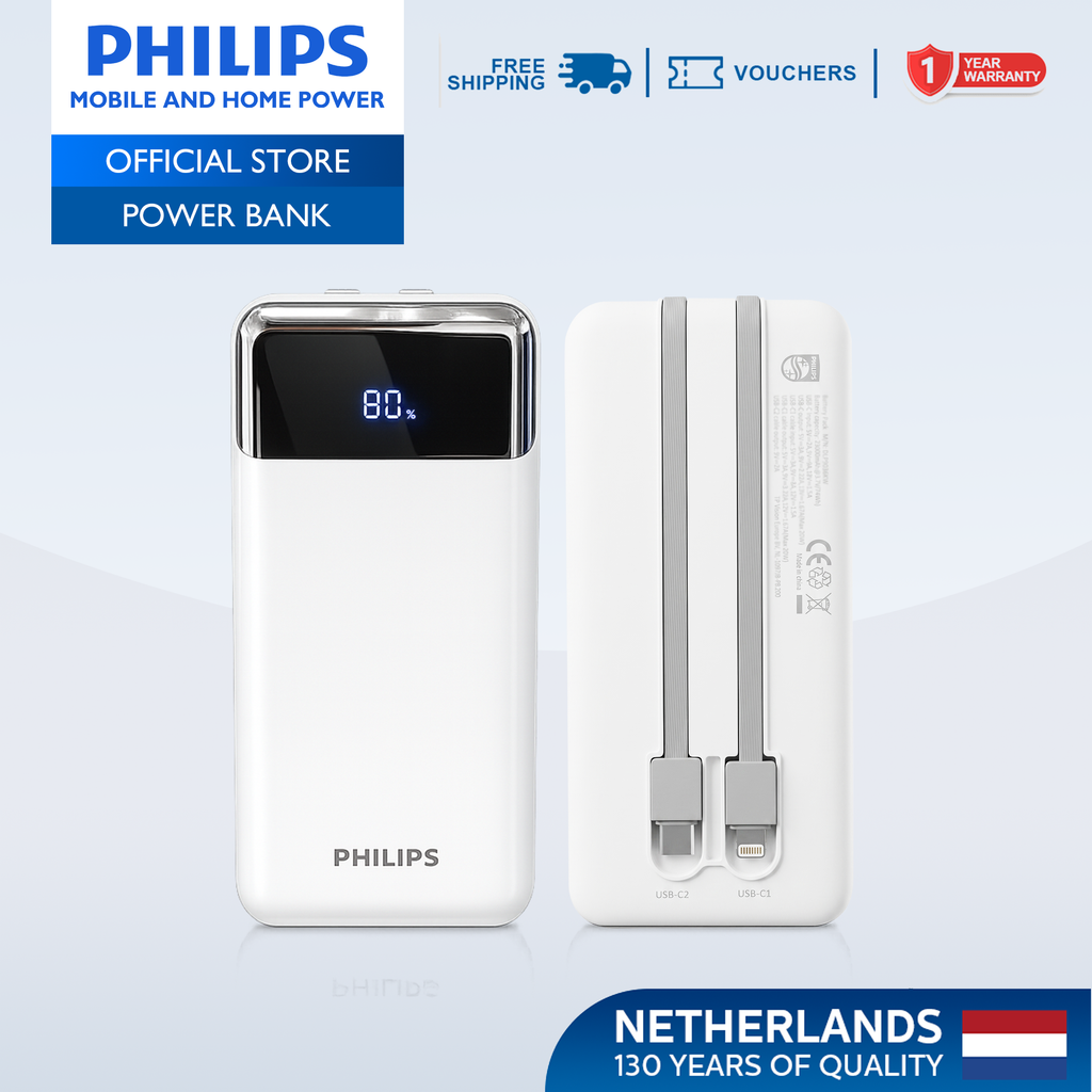 Philips White Powerbank 20000mAh 20W Fast Charging Built-In USB-C and Lightning Cable With LED Indicator With Digital Display