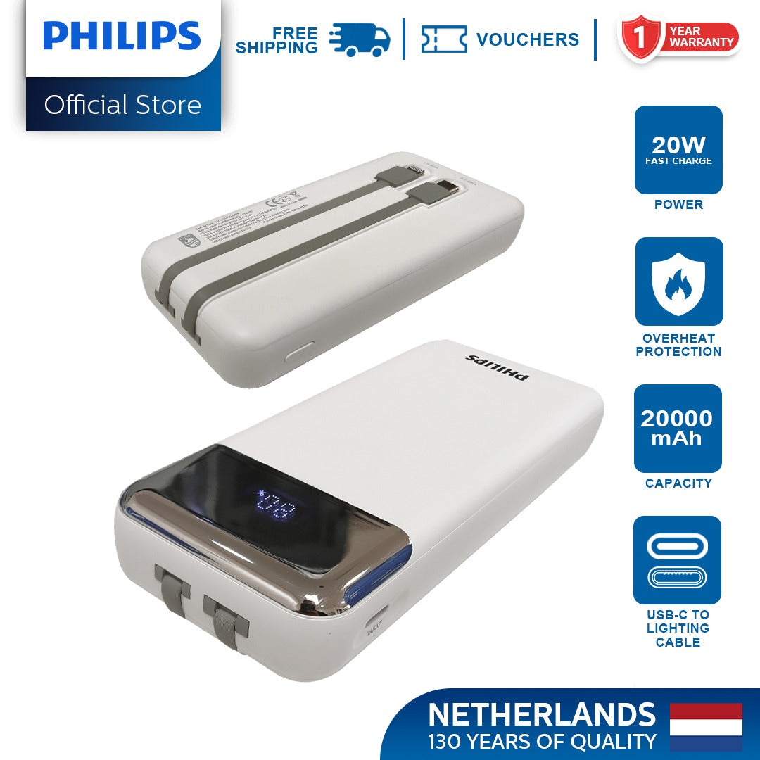 Philips White Powerbank 20000mAh 20W Fast Charging Built-In USB-C and Lightning Cable With LED Indicator With Digital Display
