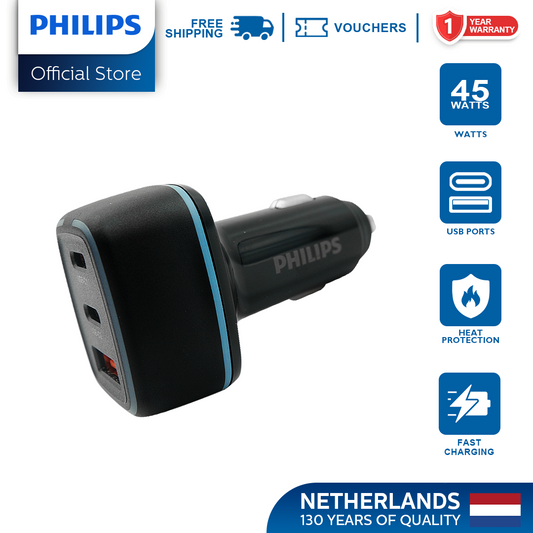 Philips 45W Triple Port Fast Car Charger with PD 20W & PD 45W