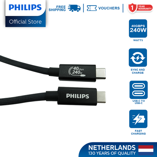 Philips 240W 0.5m USB-C to USB-C Cable Fast Charging, 40Gbps USB4 Data Transfer, Braided Thunderbolt 4 Compatible