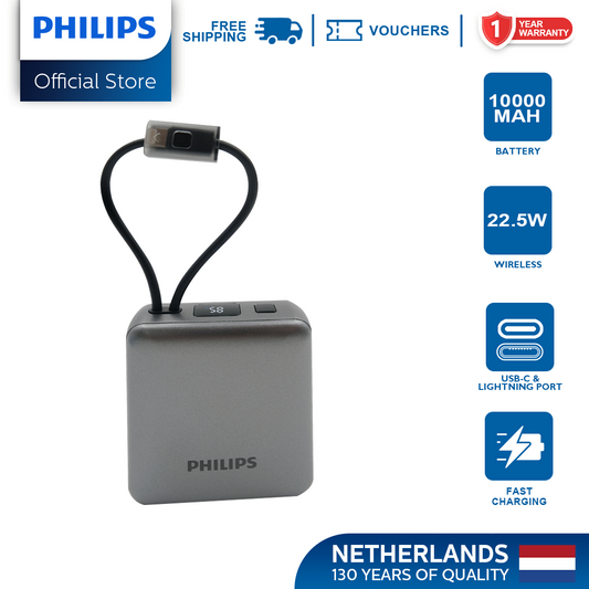 Philips 22.5W 10000mAh Fast Charging Power Bank with Built-In USB-C and Lightning Cable