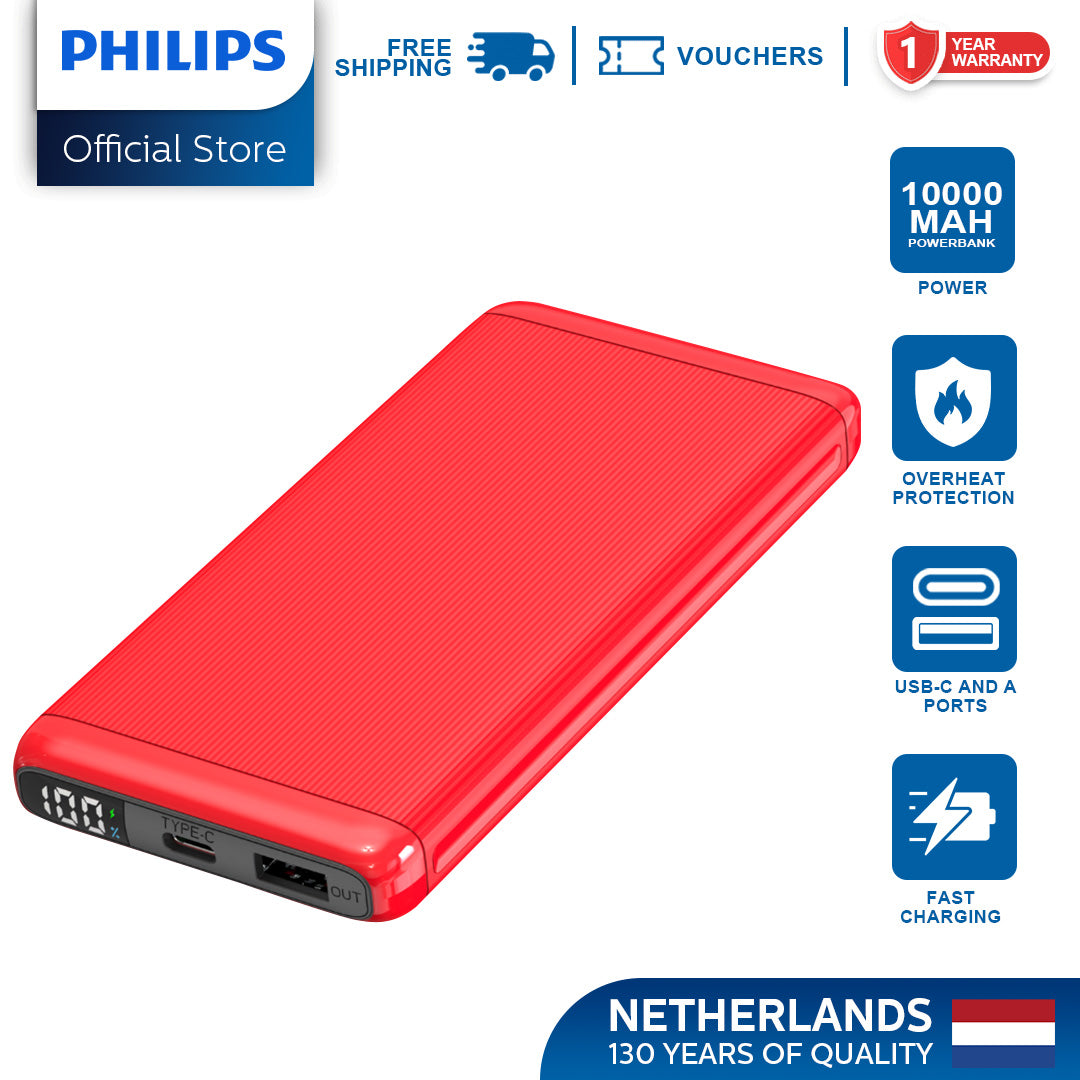 Philips Red 10000mAh 22.5 Watts USB-C Slim Fast Charging Powerbank