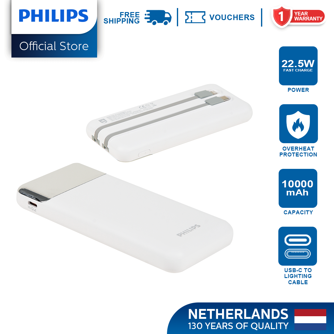 Philips White Powerbank 10000mAh 22.5W Fast Charging Built-In USB-C and Lightning Cable