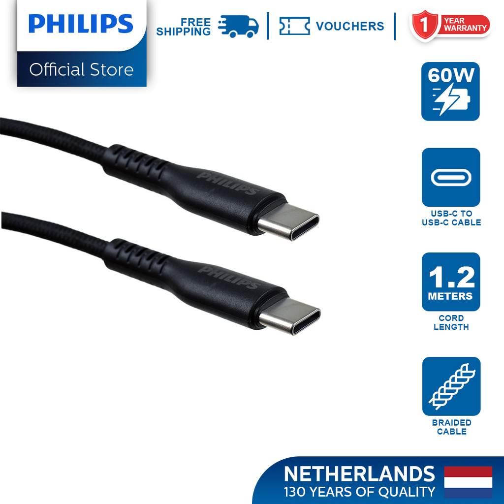 Philips Black 60W Braided 1.2M USB Type C to USB C PD Cable