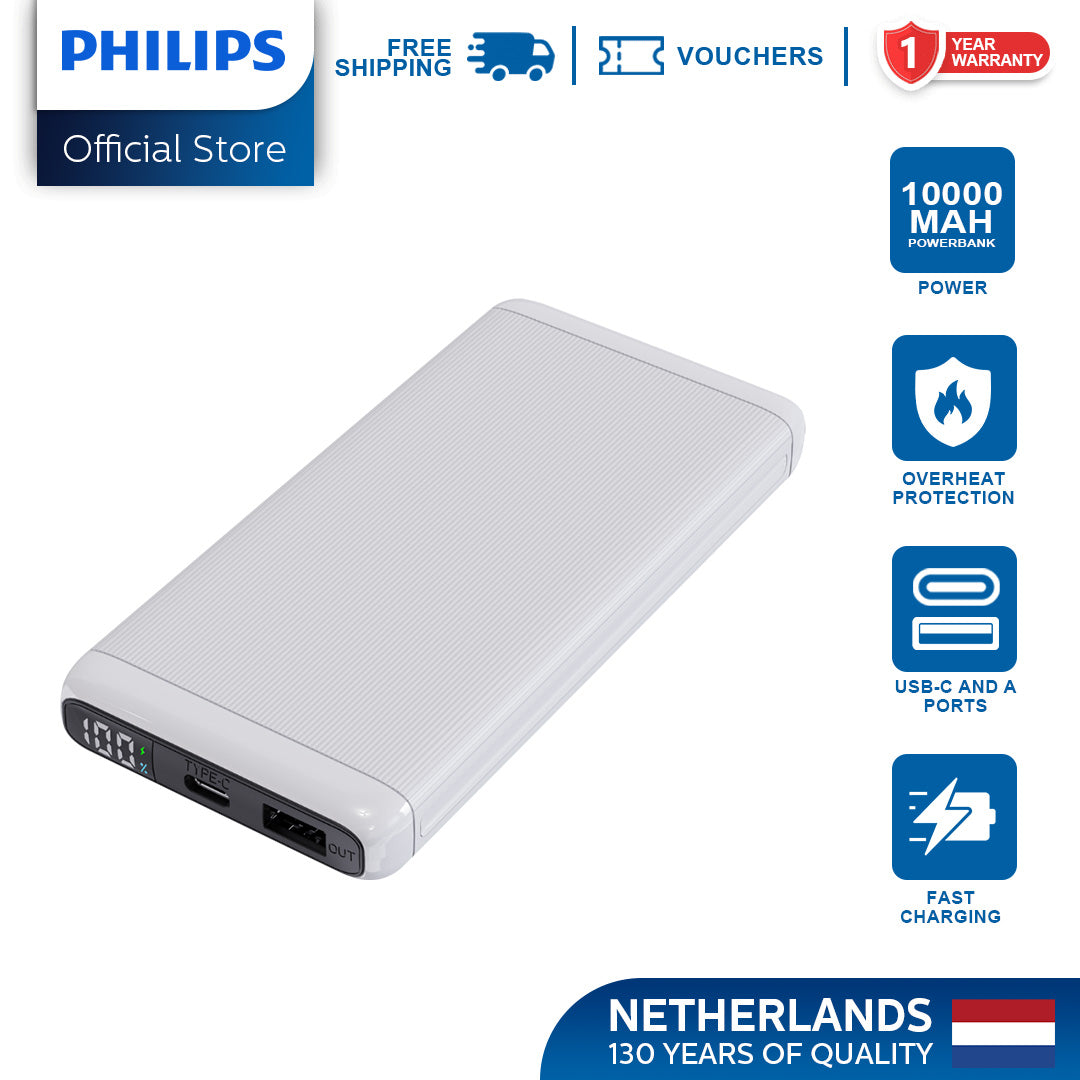 Philips White 10000mAh 22.5 Watts USB-C Slim Fast Charging Powerbank