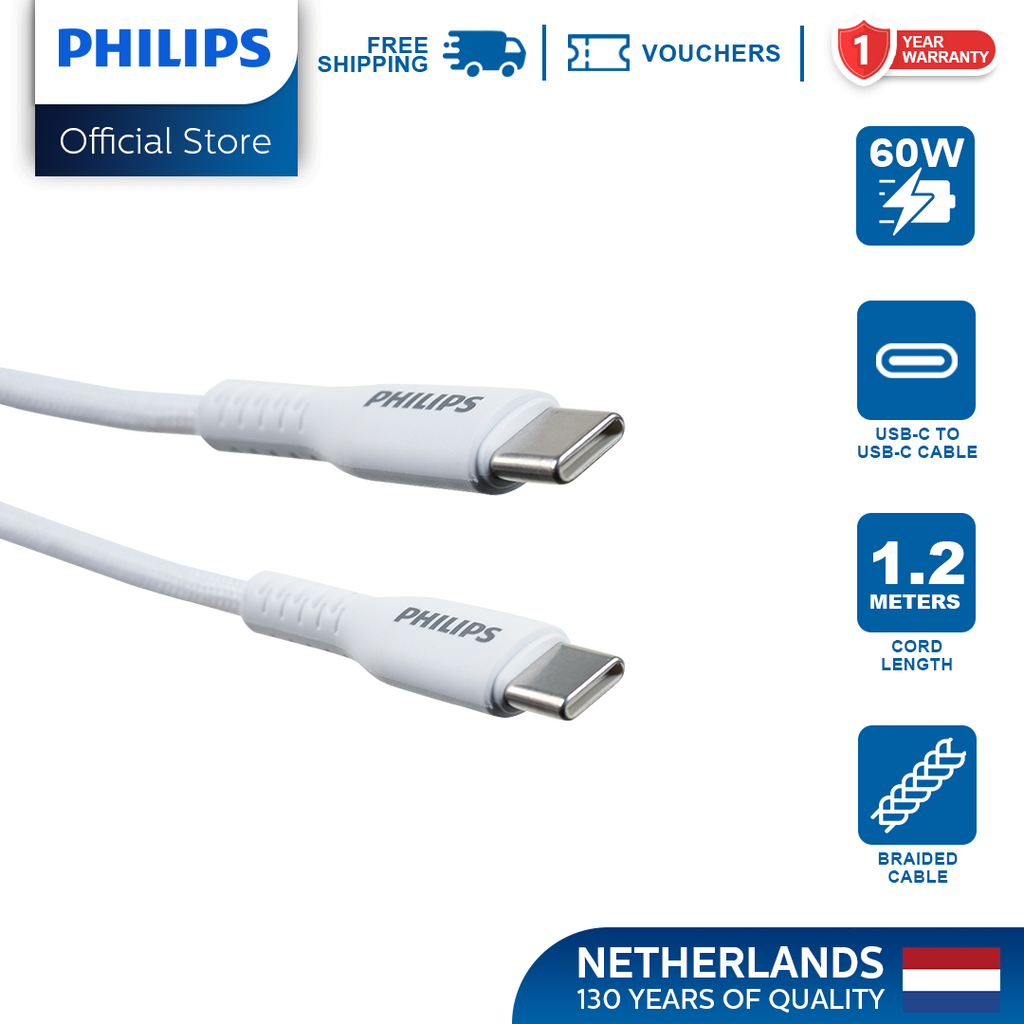 Philips White 60W Braided 1.2M USB Type C to USB C PD Cable