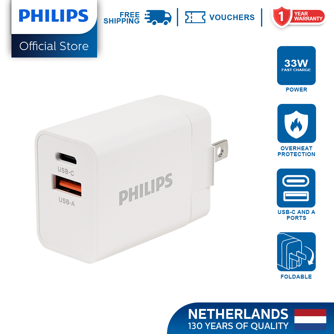 Philips 33W USB C Fast Charger 2 Port Compact Charger with Foldable Plug