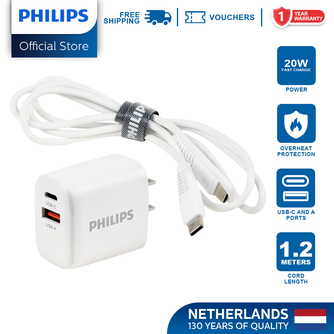 Philips 20Watts Fast Wall Charger with USB-C and USB-A Port Wall Charger with Free Cable