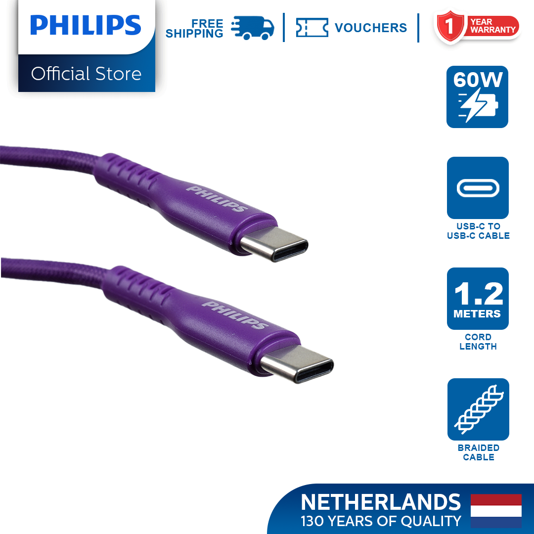 Philips Purple 60W Braided 1.2M USB Type C to USB C PD Cable