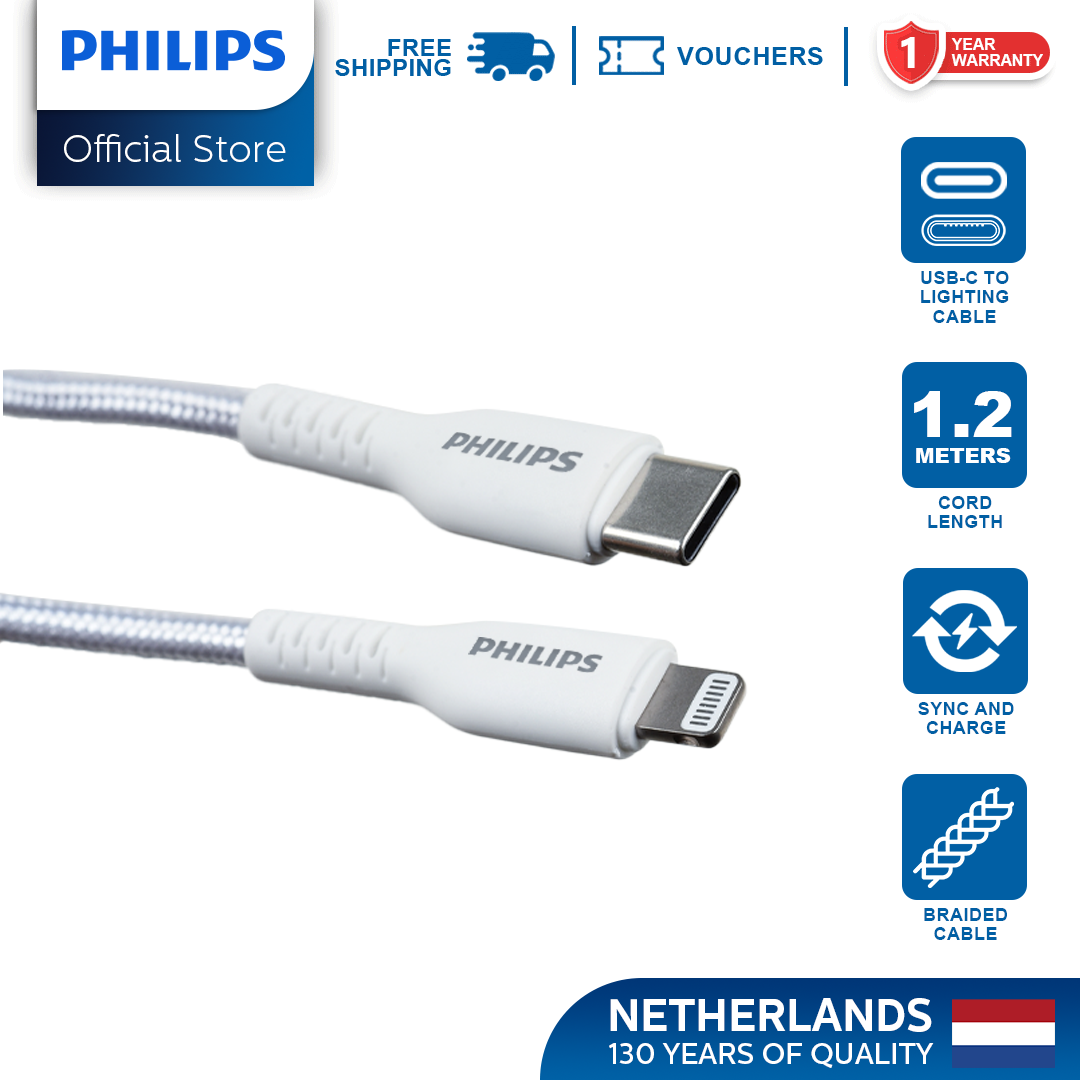 Philips Braided 1.2m 18W USB C Type-C to Lightning Cable MFi Certified iPhone Charging Cable