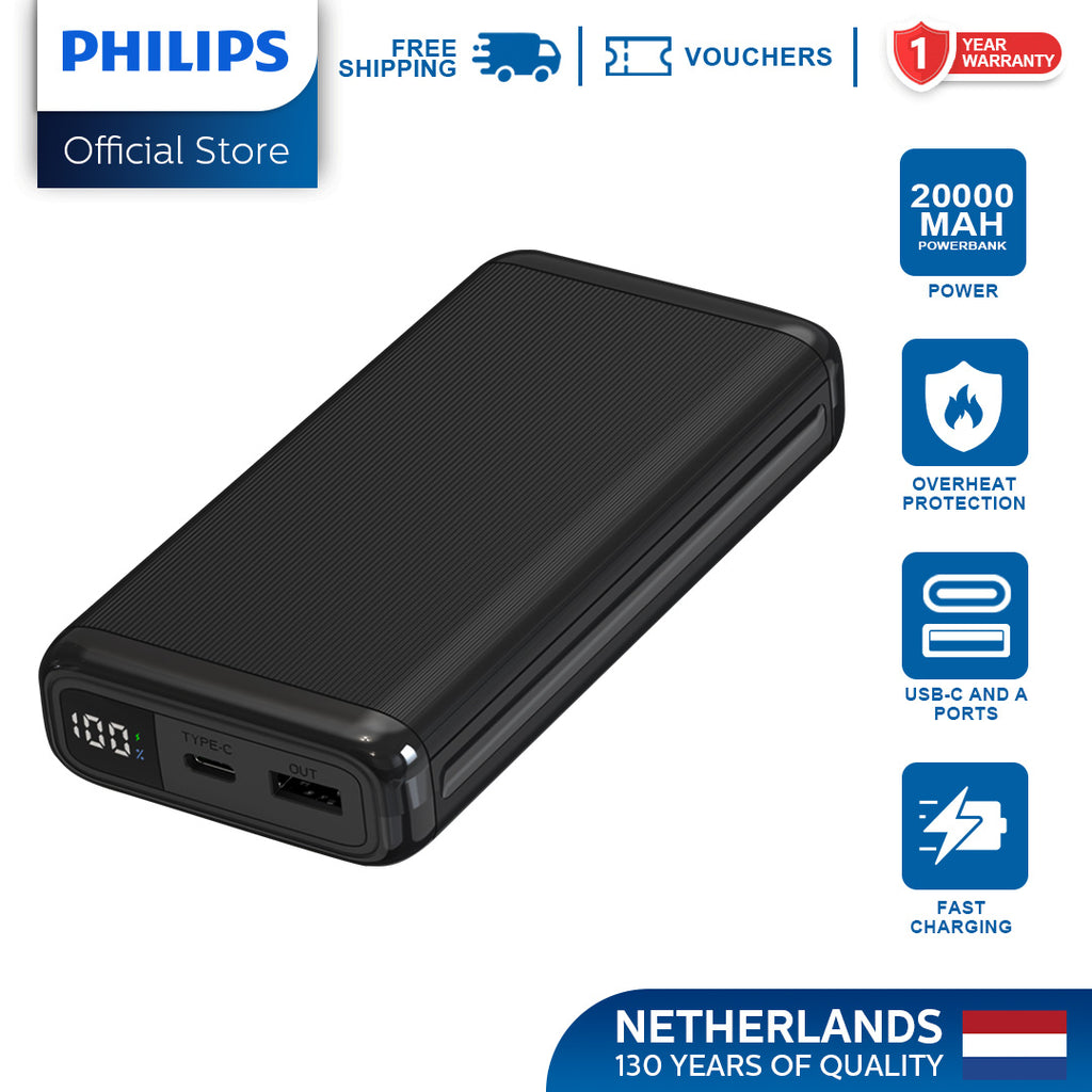 Philips Black 10000mAh 22.5 Watts USB-C Slim Fast Charging Powerbank