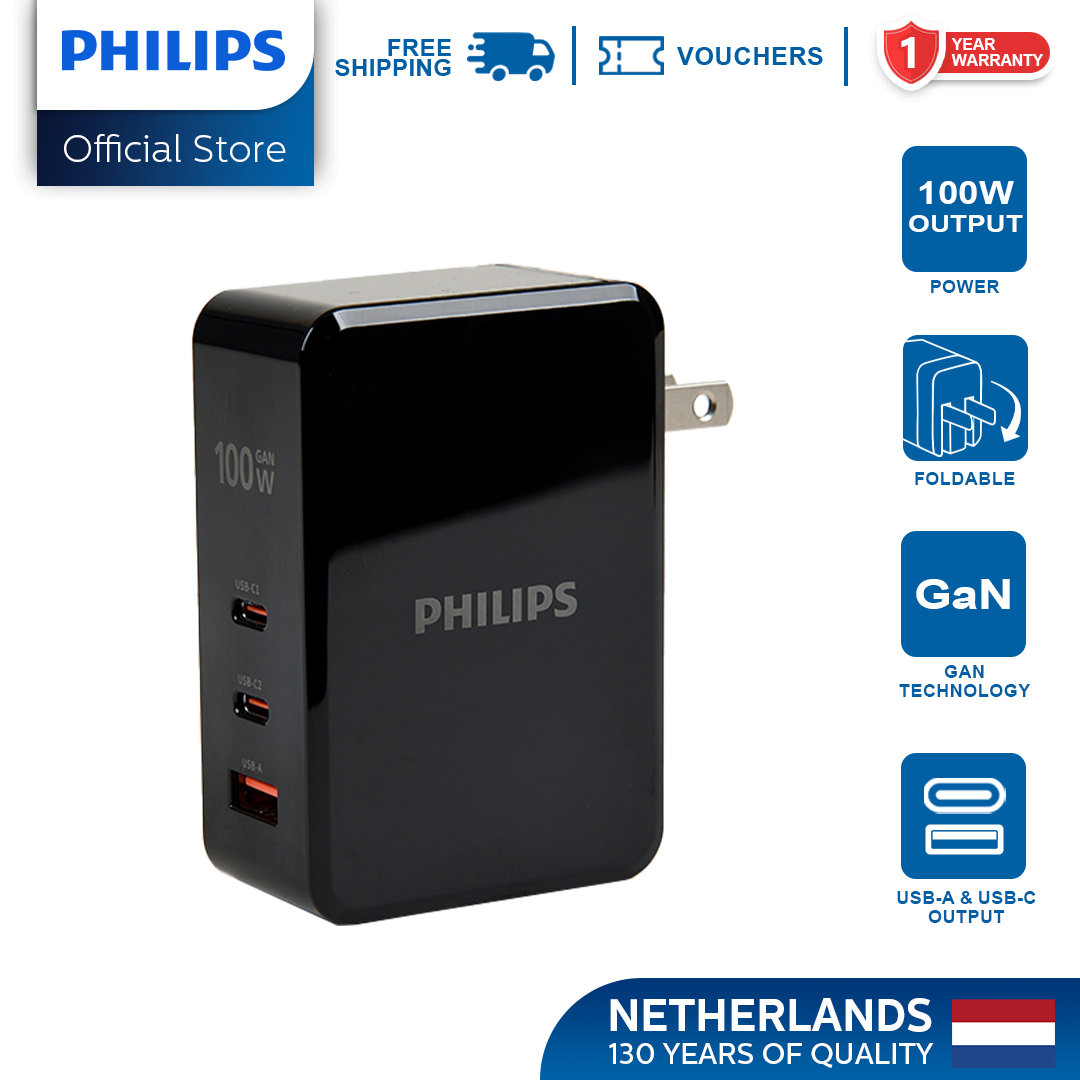 Philips 100Watts USB C 3-Port Compact Fast PPS Wall Charger