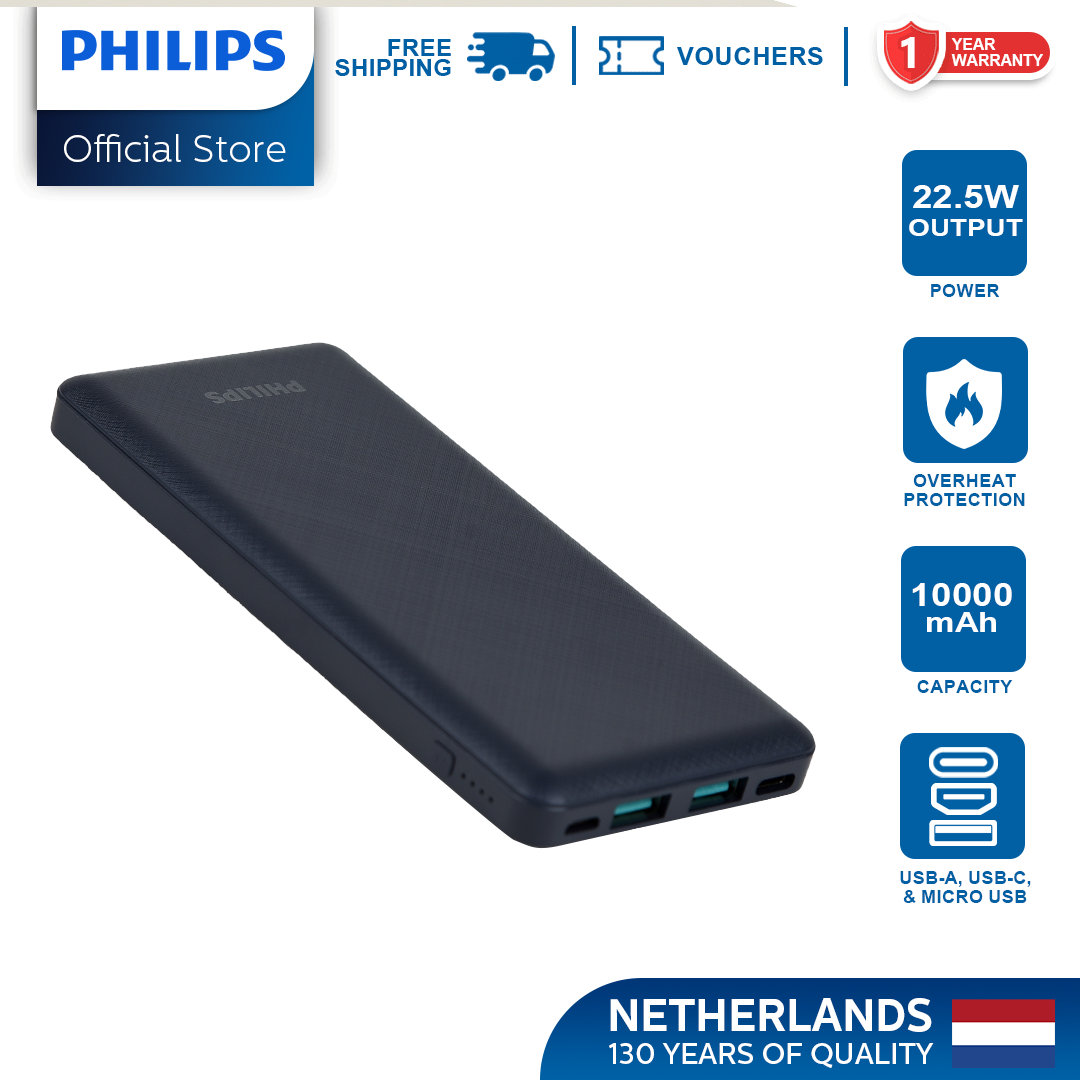 Philips Blue 22.5W 10000mAh PD Fast Charger Powerbank USB-C USB-A Outputs