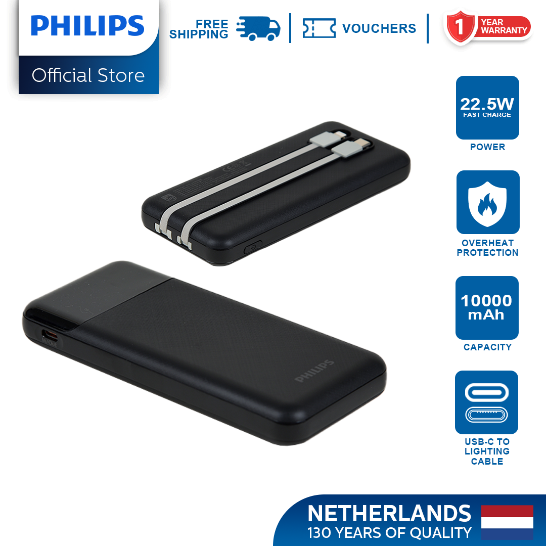 Philips Black Powerbank 10000mAh 22.5W Fast Charging Built-In USB-C and Lightning Cable