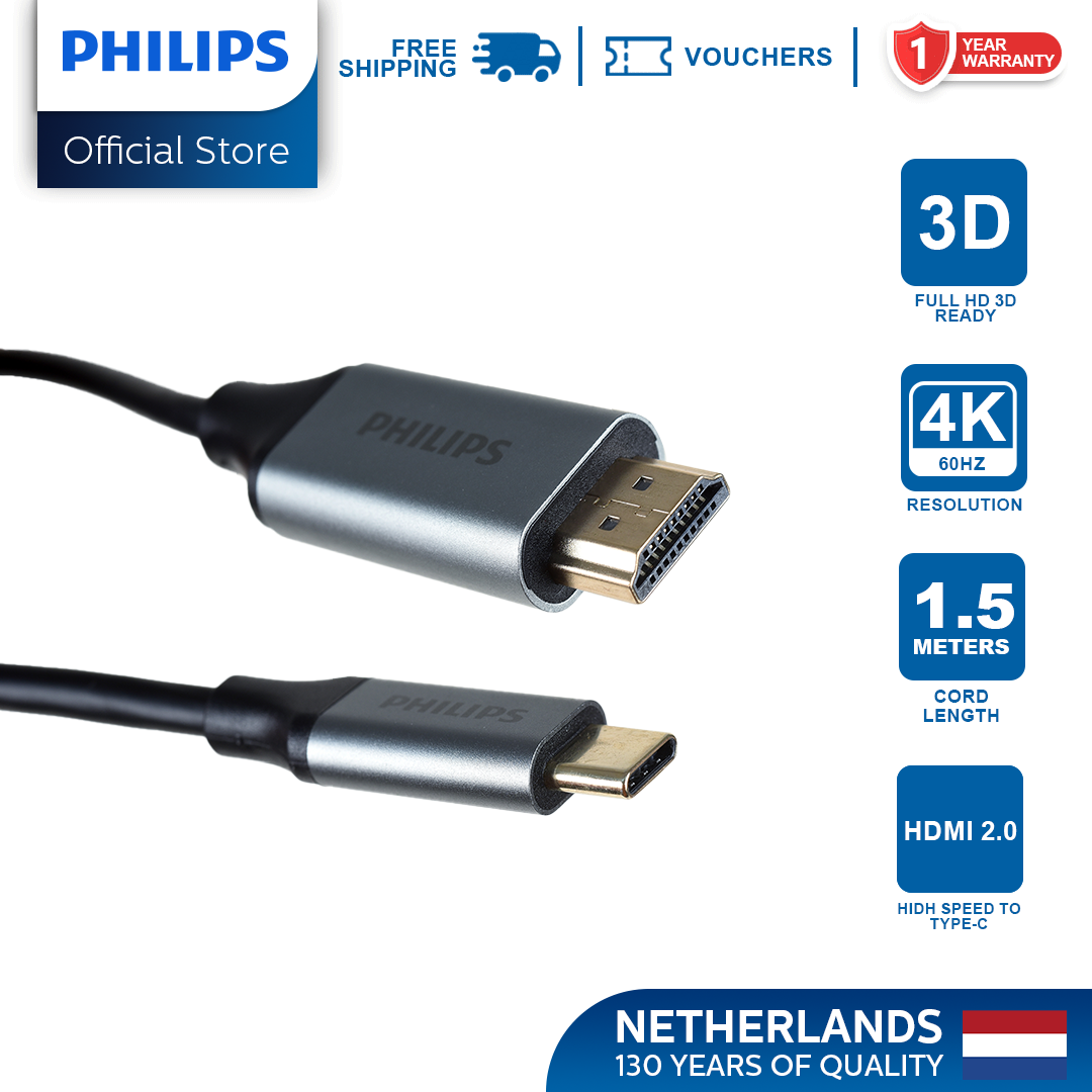 Philips 1.2m 4K/60Hz USB-C to HDMI Cable Nickel Plated Copper Compatible with  MacBook Pro IPad Pro Laptop