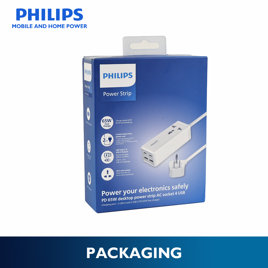 Philips PD 65W 2Meter with 2 Charger Type C USB-C and 2USB-A Universal Heavy Duty Extension Power Strips Socket