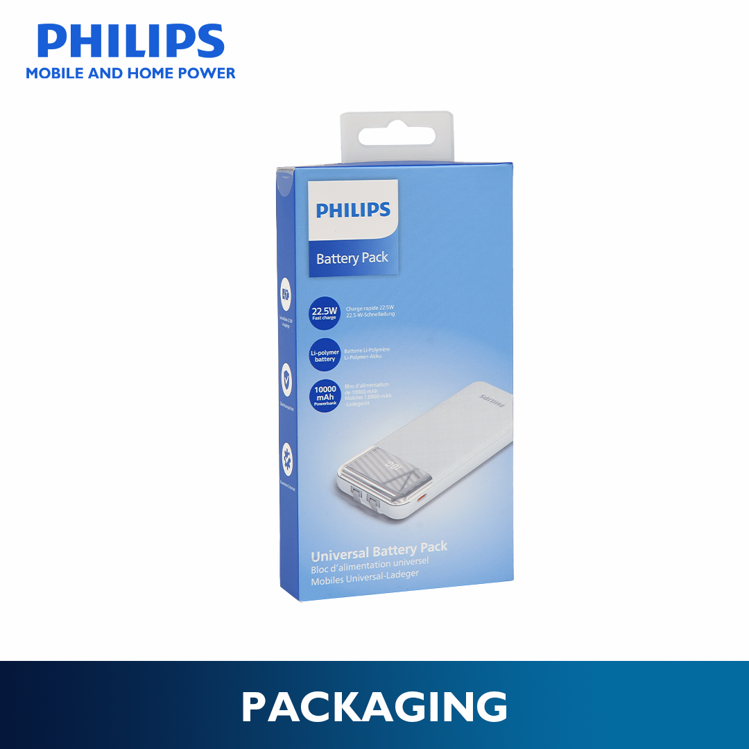 Philips White Powerbank 10000mAh 22.5W Fast Charging Built-In USB-C and Lightning Cable