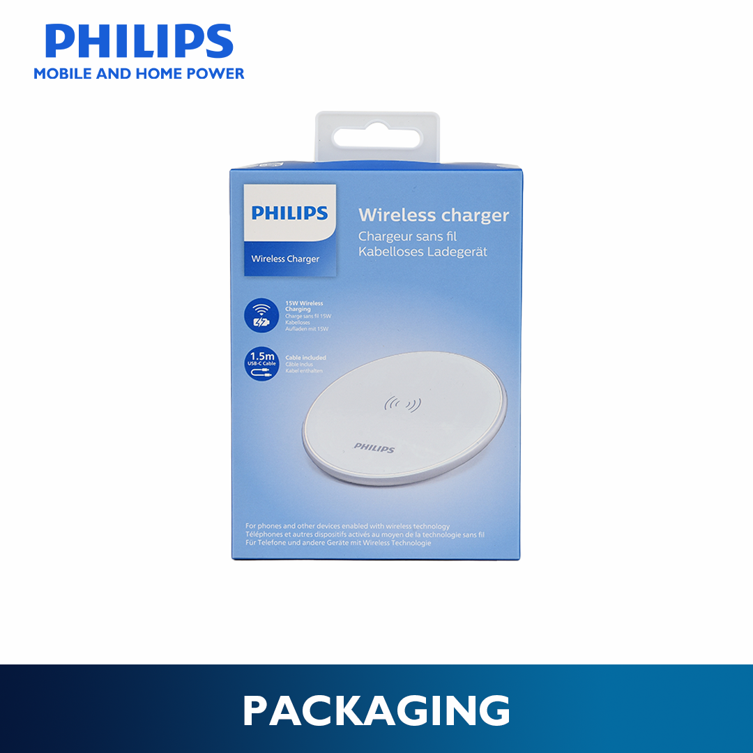 Philips 15W Fast Charging Wireless White Charger Disc with 1.5M USB-C Cable