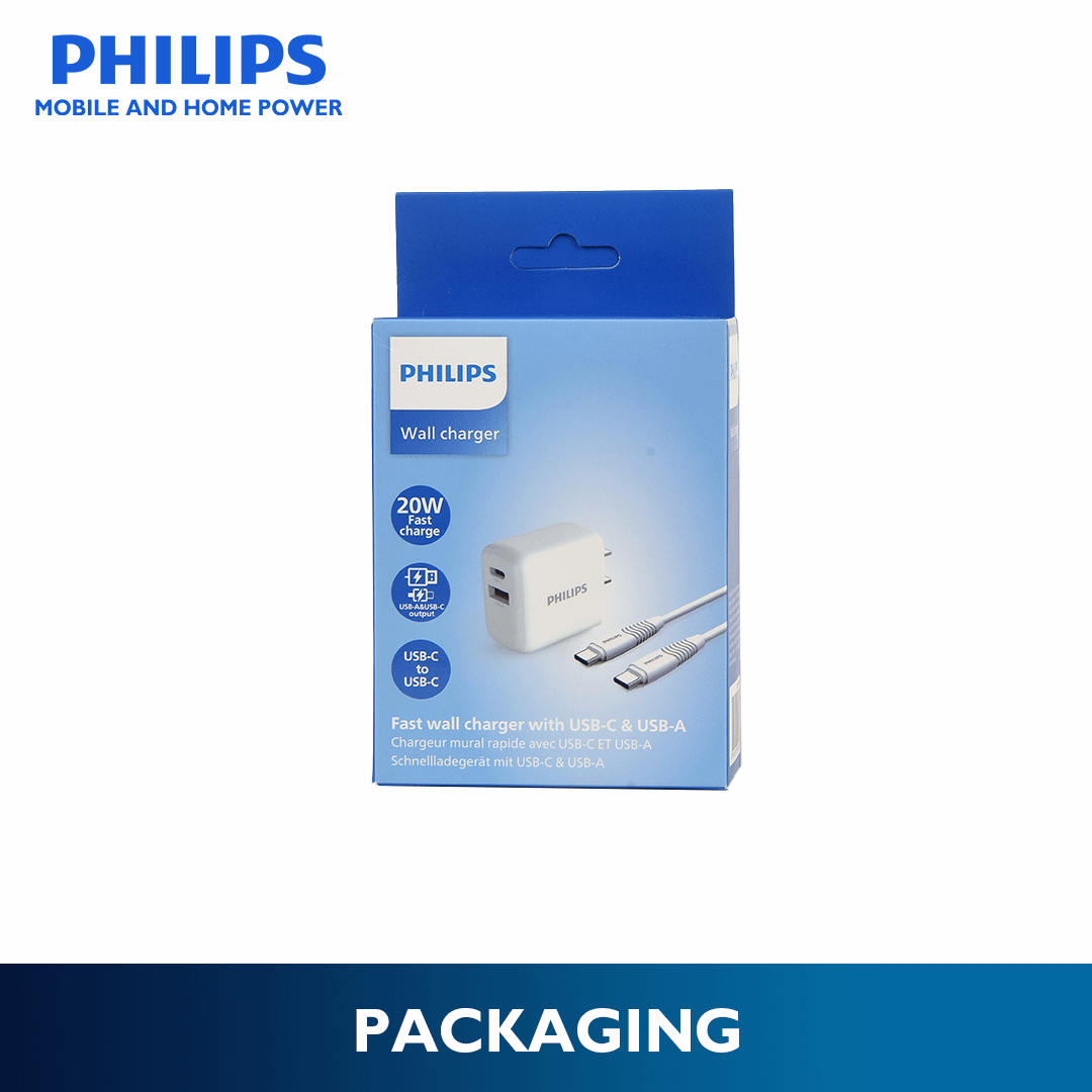 Philips 20Watts Fast Wall Charger with USB-C and USB-A Port Wall Charger with Free Cable