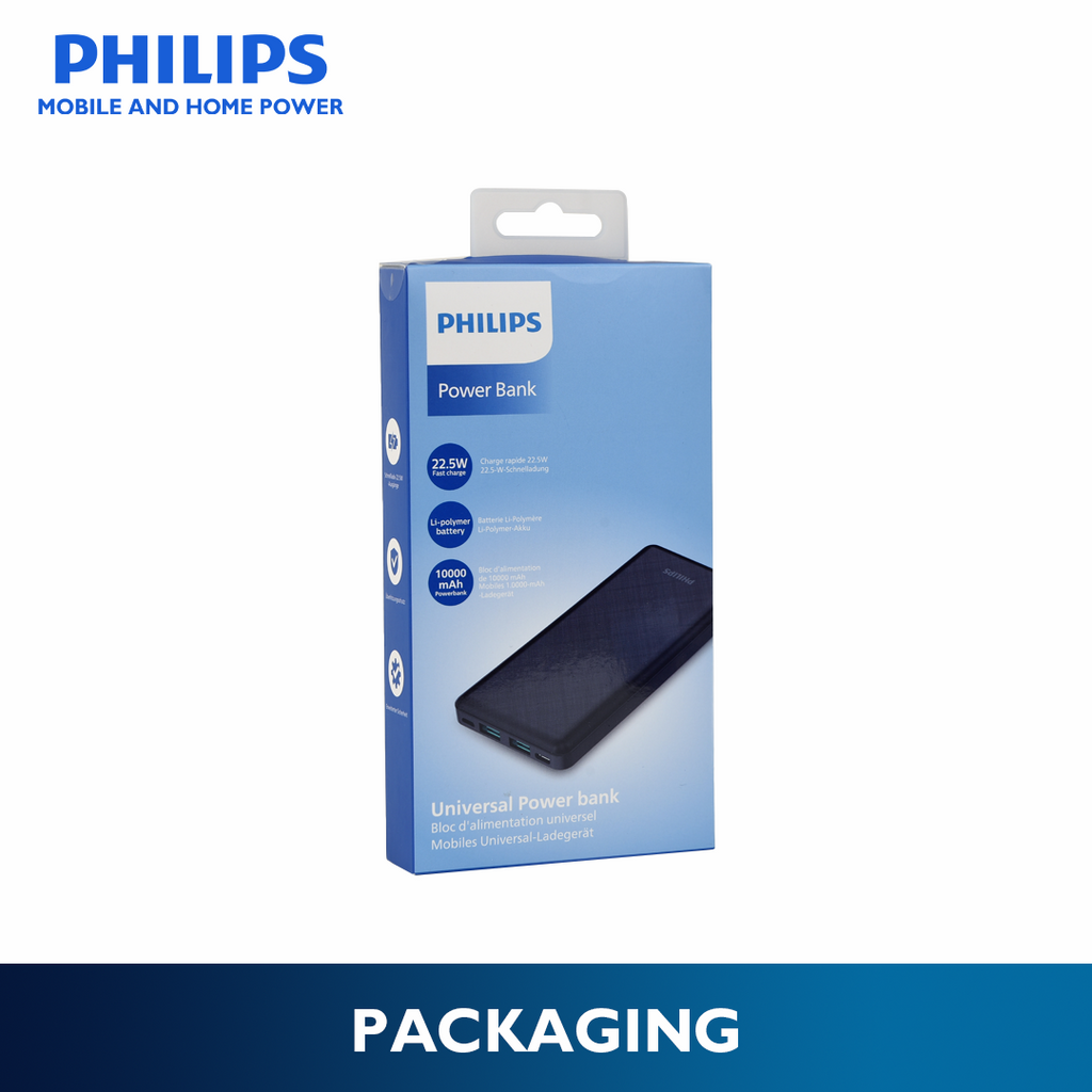 Philips Black 22.5W 10000mAh PD Fast Charger Powerbank USB-C USB-A Outputs