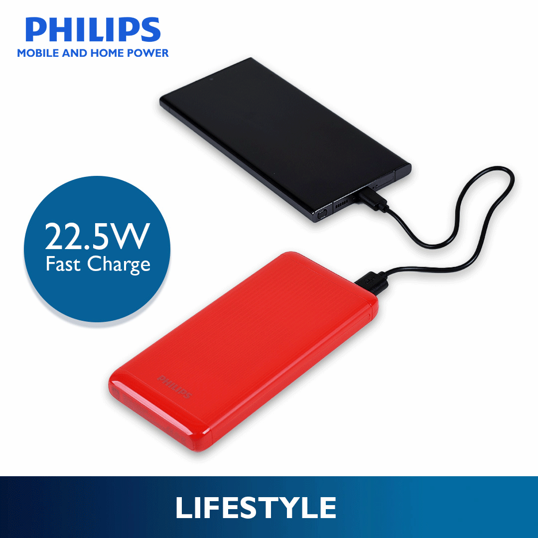 Philips Red 10000mAh 22.5 Watts USB-C Slim Fast Charging Powerbank