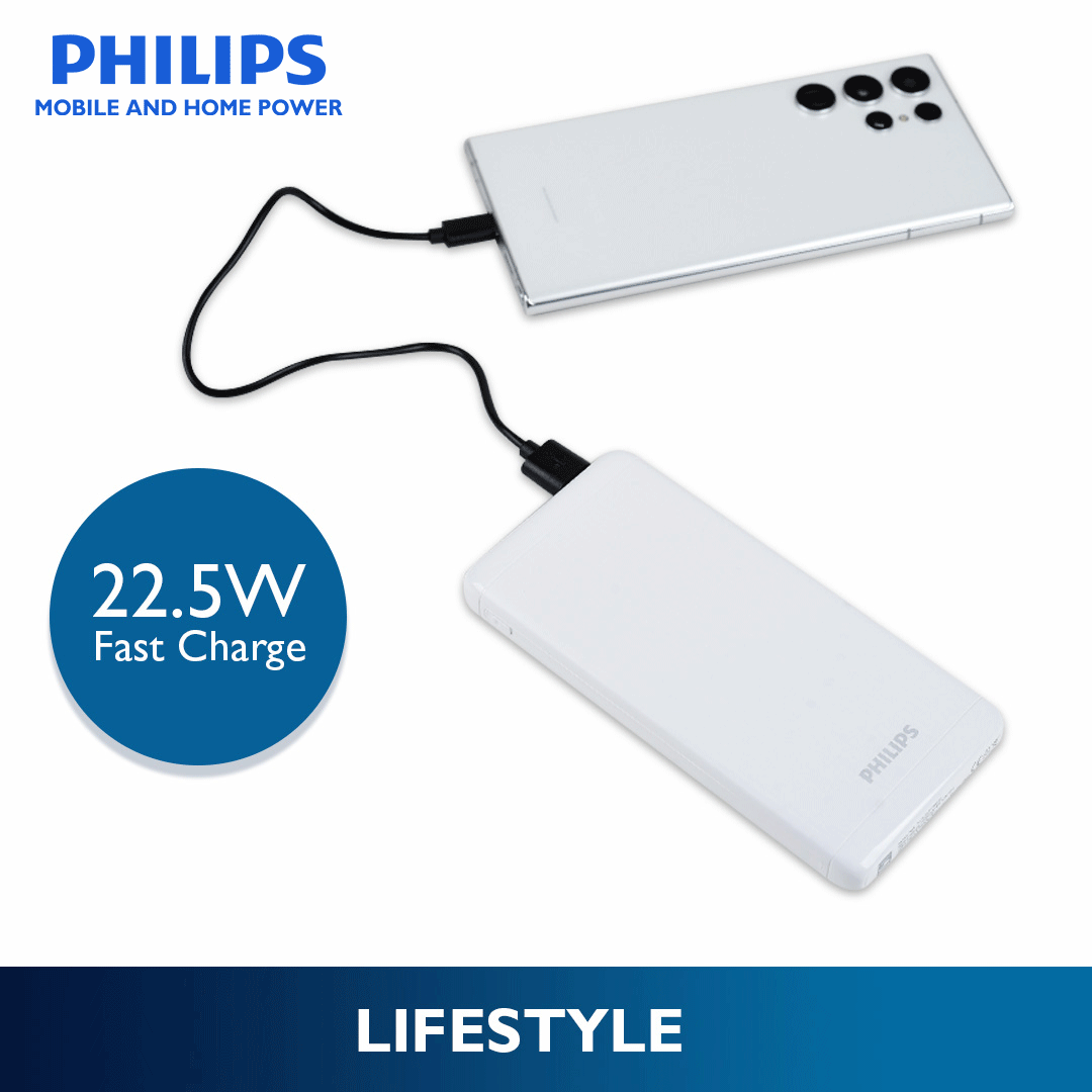 Philips White 10000mAh 22.5 Watts USB-C Slim Fast Charging Powerbank