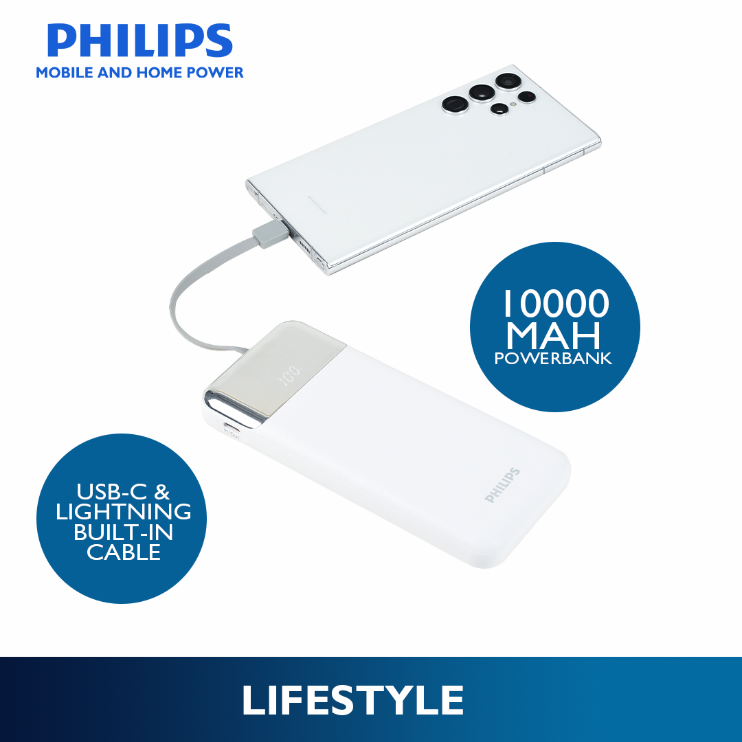 Philips White Powerbank 10000mAh 22.5W Fast Charging Built-In USB-C and Lightning Cable