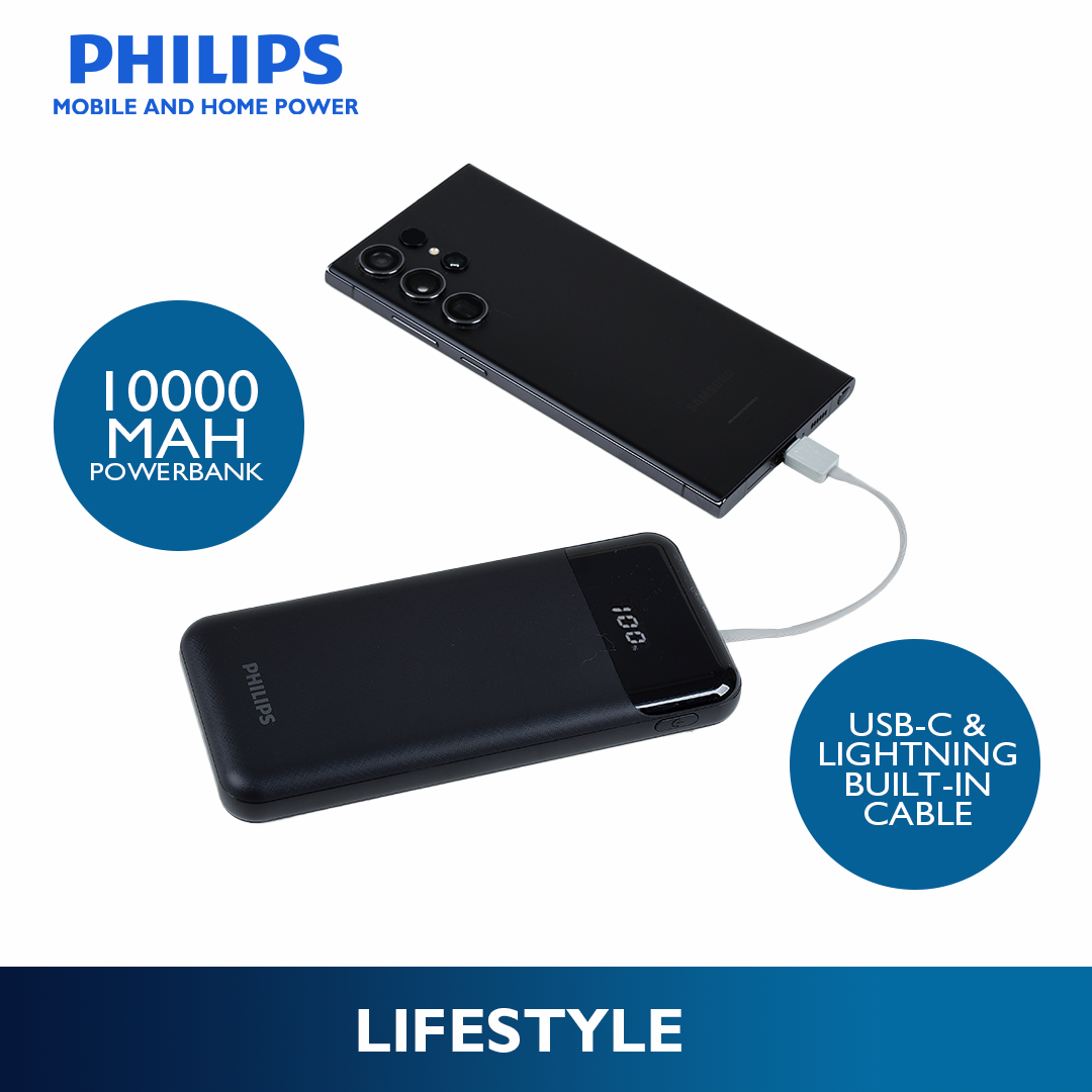 Philips Black Powerbank 10000mAh 22.5W Fast Charging Built-In USB-C and Lightning Cable