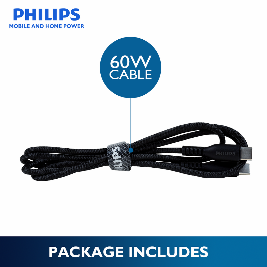 Philips Black 60W Braided 1.2M USB Type C to USB C PD Cable