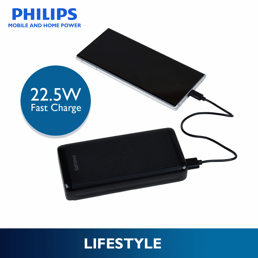 Philips Black 10000mAh 22.5 Watts USB-C Slim Fast Charging Powerbank